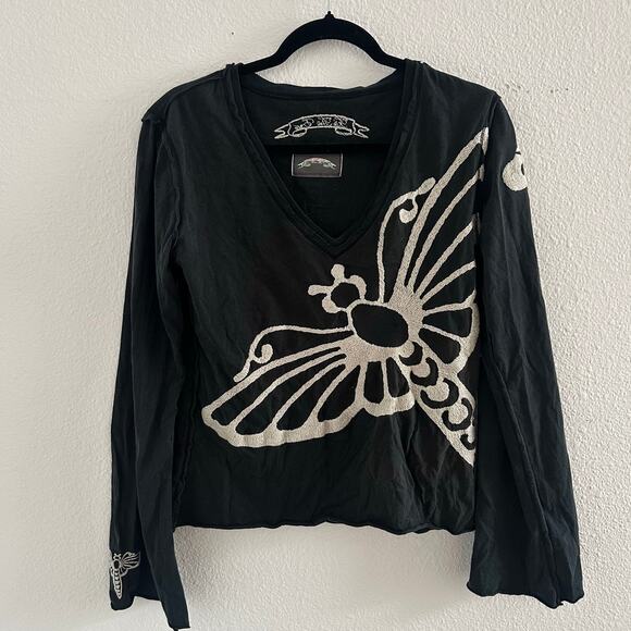 Johnny Was Tops - Till The End 90s Embroidered Butterfly V-Neck Long Sleeve Top Black Size Large